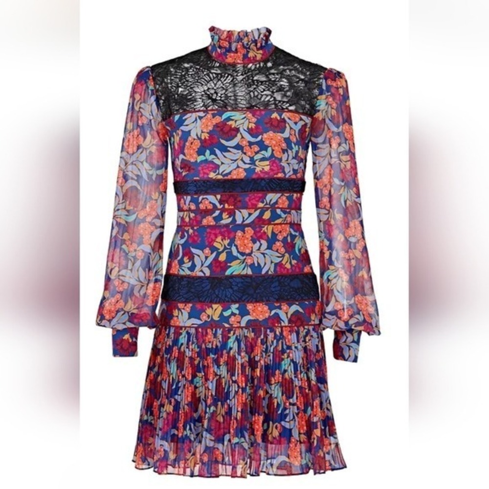 Saloni Dina Tropical Lace Panel‎ Silk Ruffle Floral Mini Dress Size 6 - Picture 2 of 12
